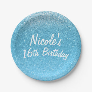 Sprookje Blauwe Glitter Sweet 16 Verjaardagsfeest Papieren Bordje