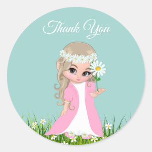 Sprookje & Bloemen op Lichtblauwe Dank Je Ronde Sticker