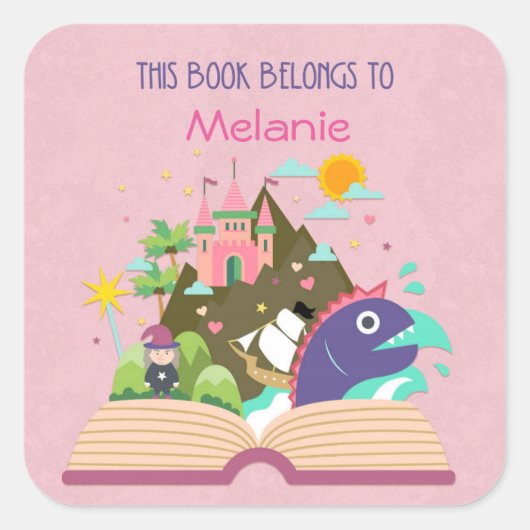 Sprookje Boekplaat, roze Vierkante Sticker (Voorkant)