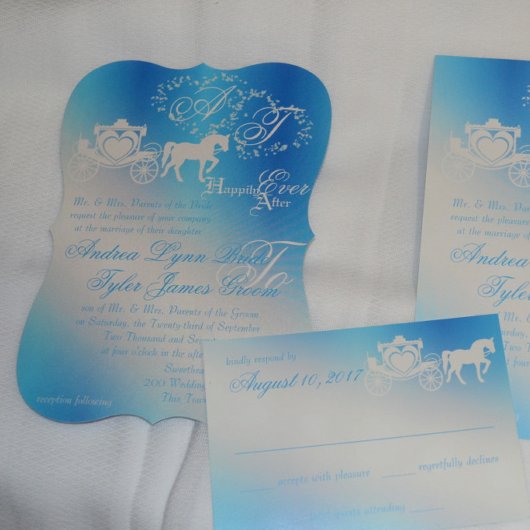 Sprookje Bruiloft Carriage Peacock Blue Kaart