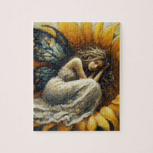 Sprookje dat slaapt op een zonnebloem legpuzzel (Verticaal)