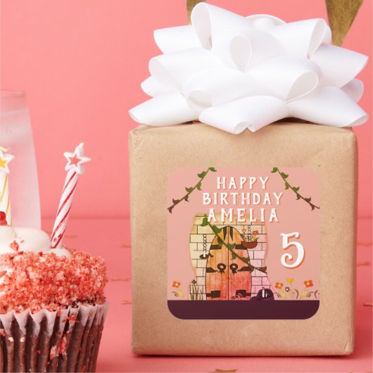 sprookje deur bloem tekening meisje verjaardagsfee vierkante sticker (Feest)