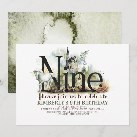 Sprookje Eenhoorn Draak Magisch Kasteel 9 Verjaard Kaart (Voorkant / Achterkant)