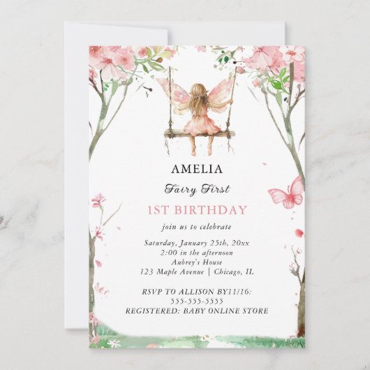 Sprookje Eerste Aquarel Bloem Meisjes 1e Verjaarda Kaart (Voorkant)