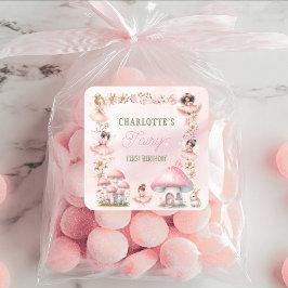 Sprookje Eerste Paddenstoelenhuis Roze Verjaardag Vierkante Sticker