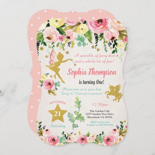 Sprookje en eenhoorn 1e verjaardag roze en goud kaart (Voorkant / Achterkant)