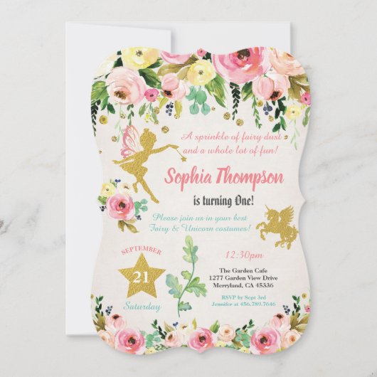 Sprookje en eenhoorn 1e verjaardag roze en goud kaart (Voorkant)