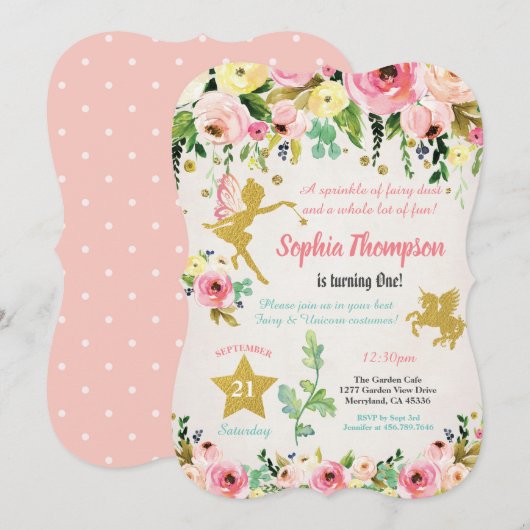 Sprookje en eenhoorn 1e verjaardag uitnodiging (Voorkant / Achterkant)