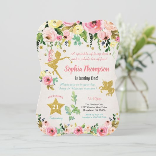 Sprookje en eenhoorn 1e verjaardag uitnodiging (Staand voorkant)