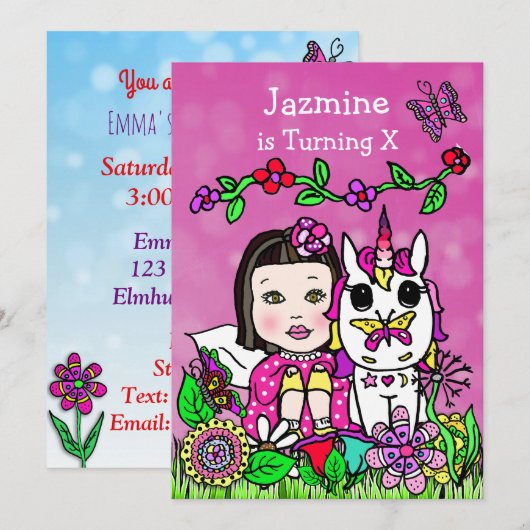 Sprookje en eenhoorn verjaardagsuitnodiging kaart (Voorkant / Achterkant)