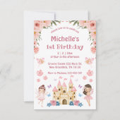 Sprookje en kasteel roze bloemig 1e verjaardag kaart (Voorkant)