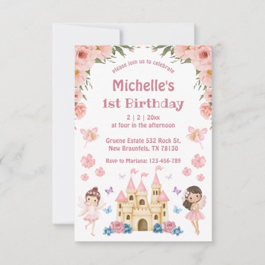 Sprookje en kasteel roze bloemig 1e verjaardag kaart (Voorkant)
