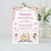 Sprookje en kasteel roze bloemig 1e verjaardag kaart (Staand voorkant)