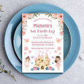 Sprookje en kasteel roze bloemig 1e verjaardag kaart