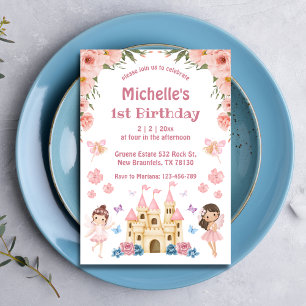 Sprookje en kasteel roze bloemig 1e verjaardag kaart