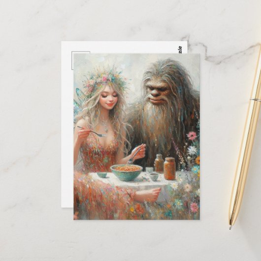 Sprookje en Sasquatch Spaghetti Picknick Briefkaart (Voorkant / Achterkant in situ)