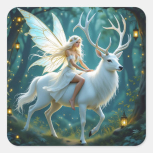 Sprookje en Witte Herten Magisch Bos Vierkante Sticker