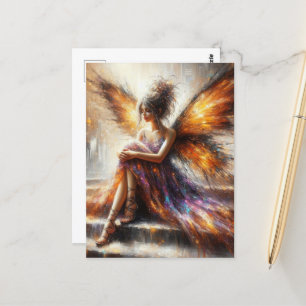 Sprookje in een paarse jurk zittend op de trap briefkaart