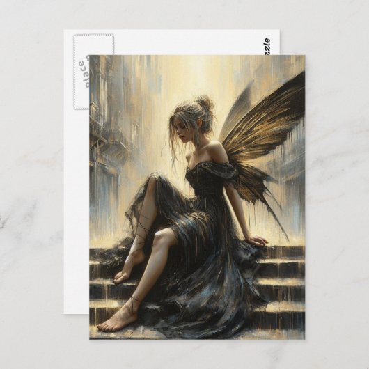 Sprookje in een zwart en gouden jurk zittend op ee briefkaart (Voorkant / Achterkant)