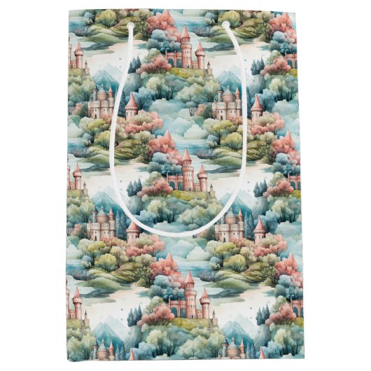 Sprookje in Fairyland Kastelen Pastel Roze Blauw Medium Cadeauzakje (Voorkant)