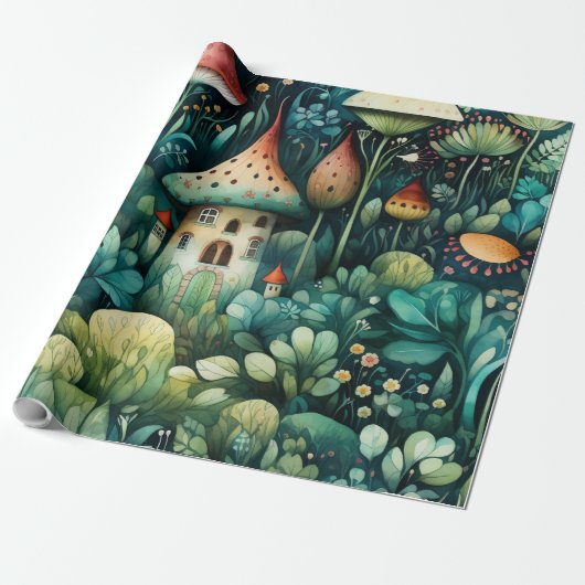Sprookje in Fairyland Mushroom House Groen Sinaasa Cadeaupapier (Uitgerold)