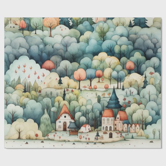 Sprookje in Fairyland Village Groen en Sinaasappel Cadeaupapier (Vlak)