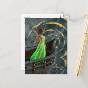 Sprookje in groene jurk op een boot met rode hoorn briefkaart