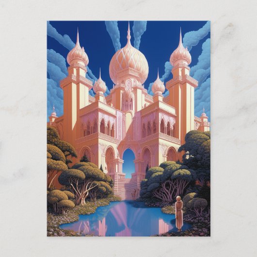 Sprookje Kasteel Roze Wit Goud Fantasy Kunst Briefkaart (Voorkant)