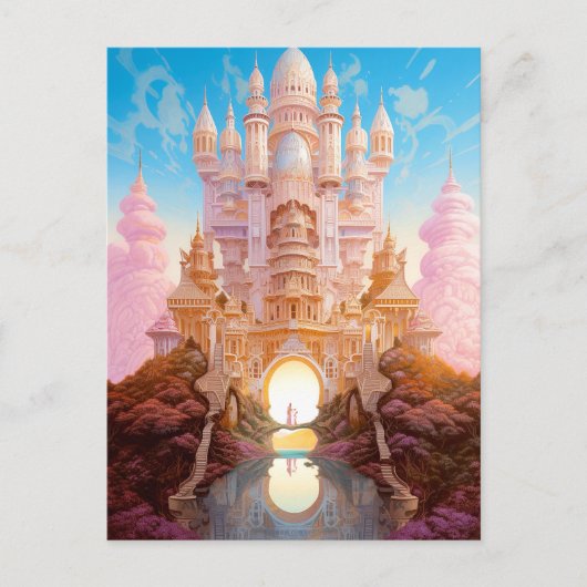 Sprookje Kasteel Roze Wit Goud Fantasy Kunst Briefkaart (Voorkant)
