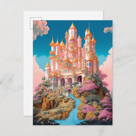 Sprookje Kasteel Roze Wit Goud Fantasy Kunst Briefkaart (Voorkant / Achterkant)
