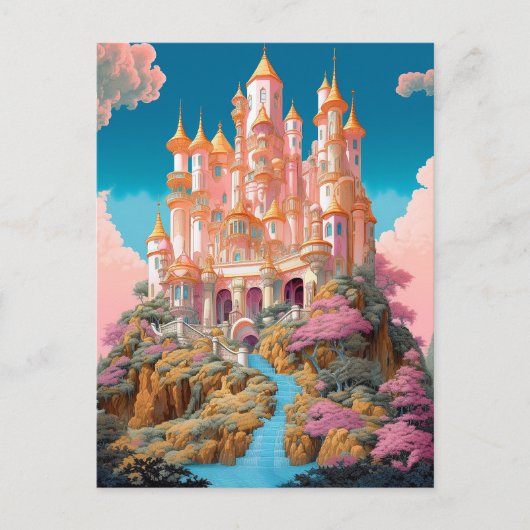 Sprookje Kasteel Roze Wit Goud Fantasy Kunst Briefkaart (Voorkant)