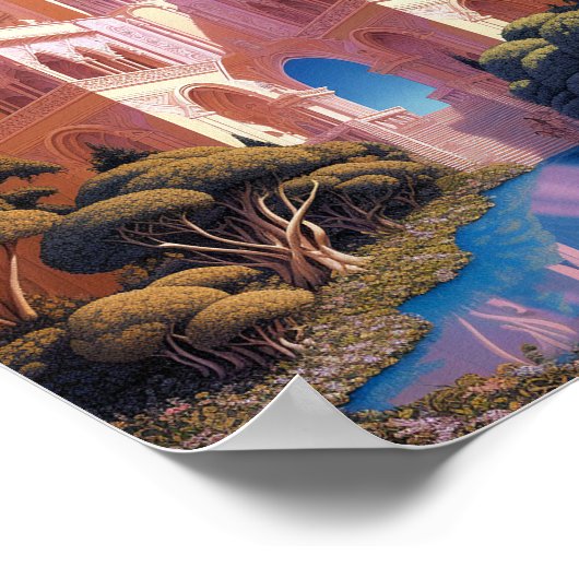 Sprookje Kasteel Roze Wit Goud Fantasy Kunst Poster (Hoek)