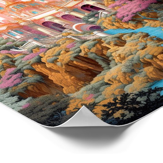 Sprookje Kasteel Roze Wit Goud Fantasy Kunst Poster (Hoek)