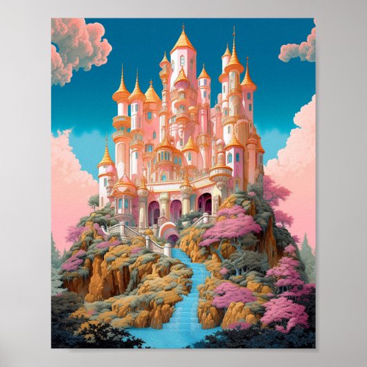 Sprookje Kasteel Roze Wit Goud Fantasy Kunst Poster (Voorkant)