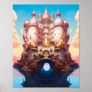 Sprookje Kasteel Roze Wit Goud Fantasy Kunst Poster