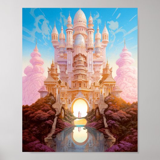 Sprookje Kasteel Roze Wit Goud Fantasy Kunst Poster (Voorkant)