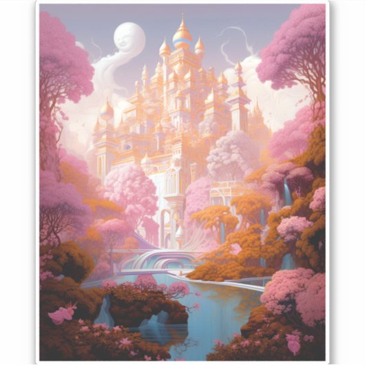 Sprookje Kasteel Roze Wit Goud Fantasy Kunst Sticker (Voorkant)