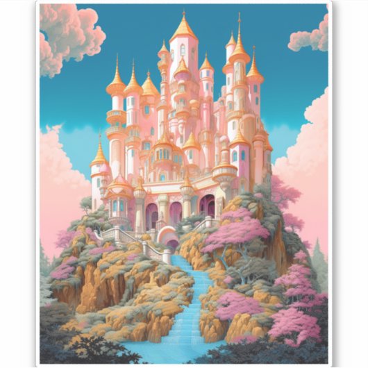 Sprookje Kasteel Roze Wit Goud Fantasy Kunst Sticker (Voorkant)