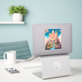 Sprookje Kasteel Roze Wit Goud Fantasy Kunst Sticker (Laptop op bureau)