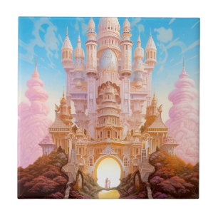 Sprookje Kasteel Roze Wit Goud Fantasy Kunst Tegeltje