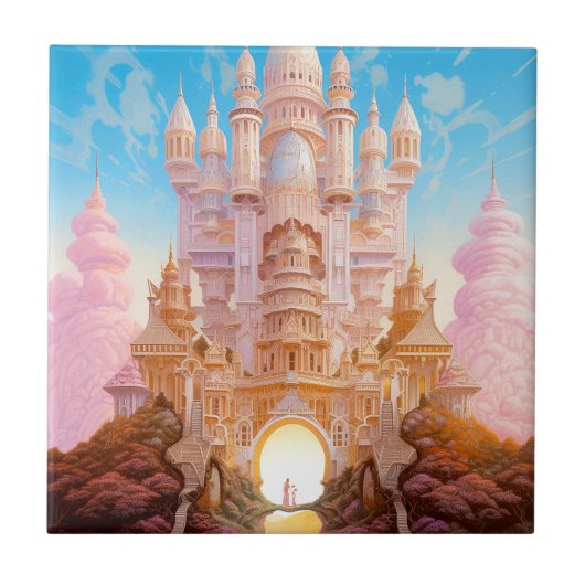 Sprookje Kasteel Roze Wit Goud Fantasy Kunst Tegeltje (Voorkant)
