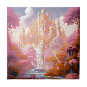 Sprookje Kasteel Roze Wit Goud Fantasy Kunst Tegeltje