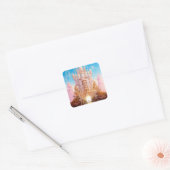 Sprookje Kasteel Roze Wit Goud Fantasy Kunst Vierkante Sticker (Envelop)