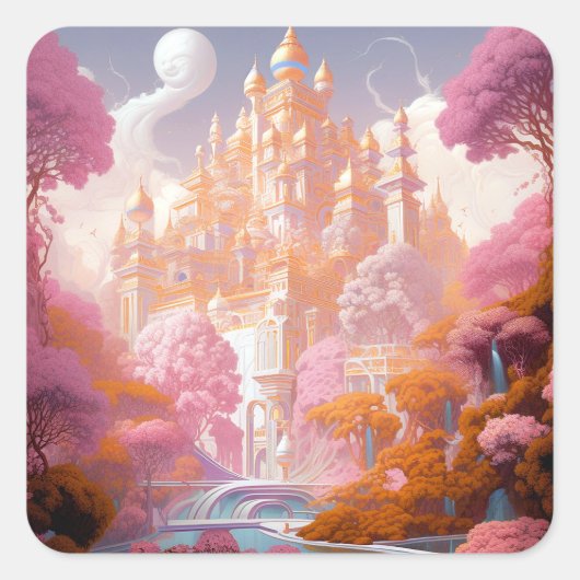 Sprookje Kasteel Roze Wit Goud Fantasy Kunst Vierkante Sticker (Voorkant)