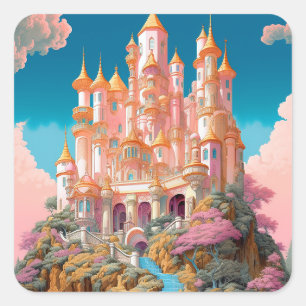 Sprookje Kasteel Roze Wit Goud Fantasy Kunst Vierkante Sticker