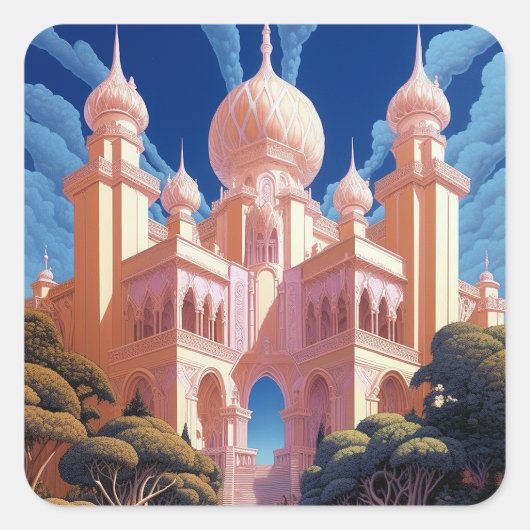 Sprookje Kasteel Roze Wit Goud Fantasy Kunst Vierkante Sticker (Voorkant)
