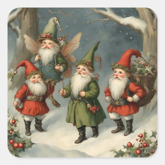  Sprookje Kerst Gnomen in het Bos Vierkante Sticker (Voorkant)