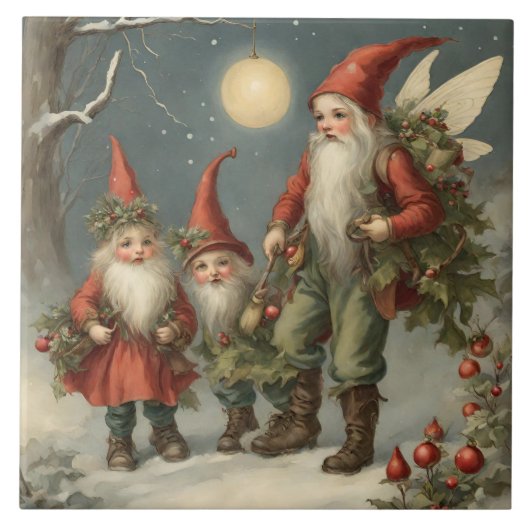Sprookje Kerstmis Gnome Familie in Winterbos Tegeltje (Voorkant)