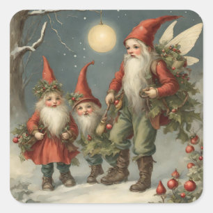 Sprookje Kerstmis Gnome Familie in Winterbos Vierkante Sticker