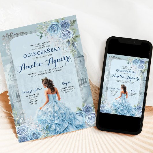 Sprookje Koninklijk Kasteel Lichtblauw Quinceañera Kaart